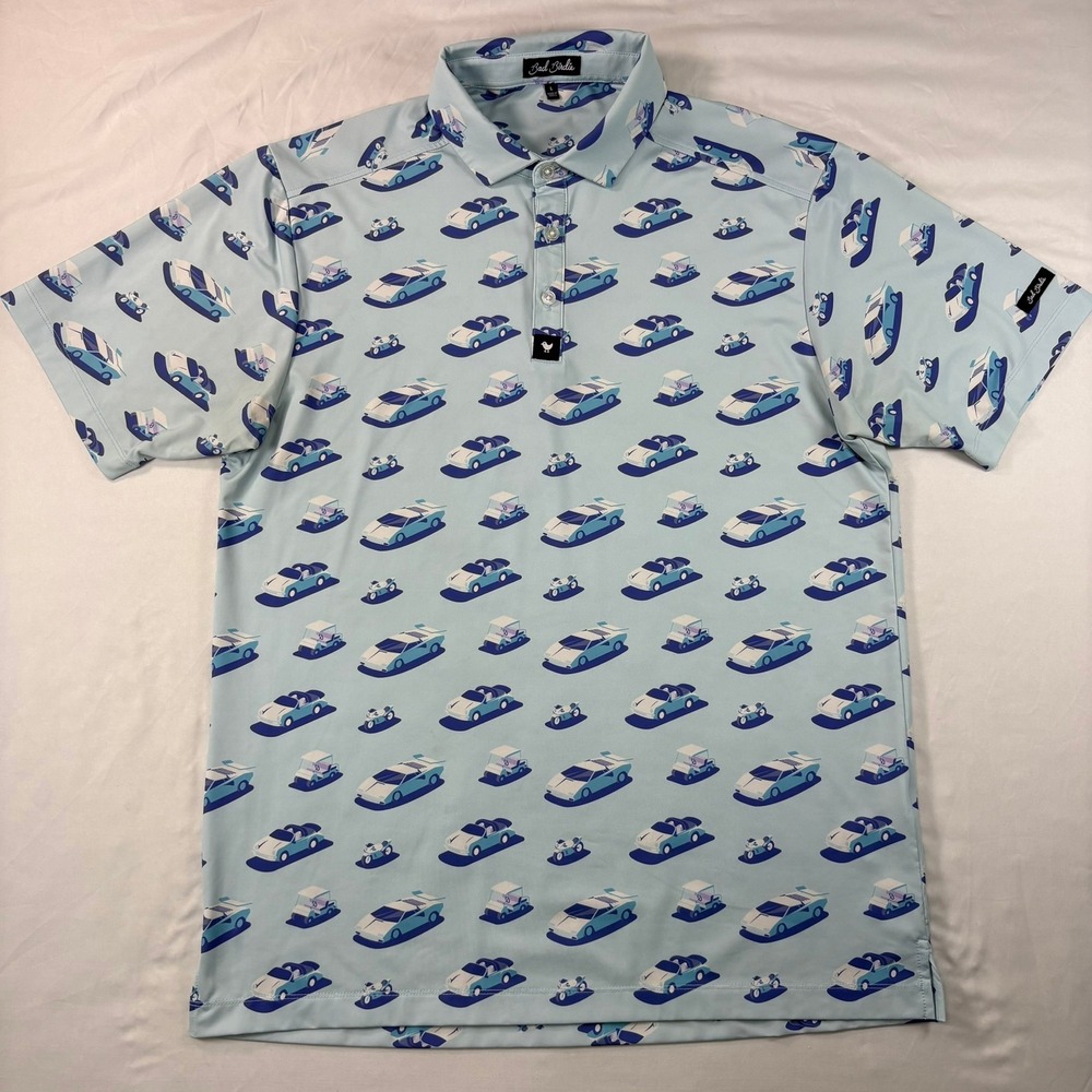Bad Birdie Polo‎ Shirt Mens L Golf Sportscar Print Light Blue Performance Summer